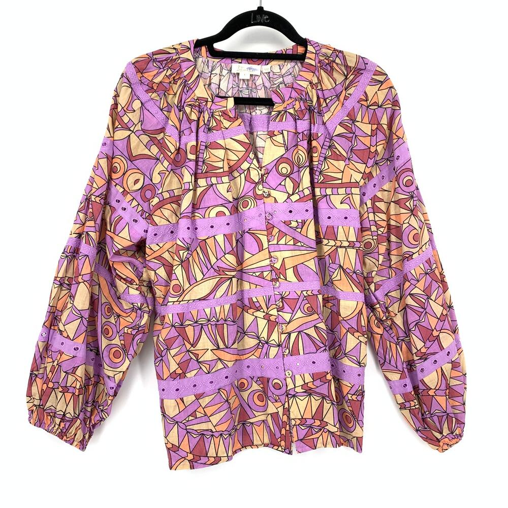 Let Me Be Boho Blouse Womens Size Large Multicolor Geometric Print Purple Beige